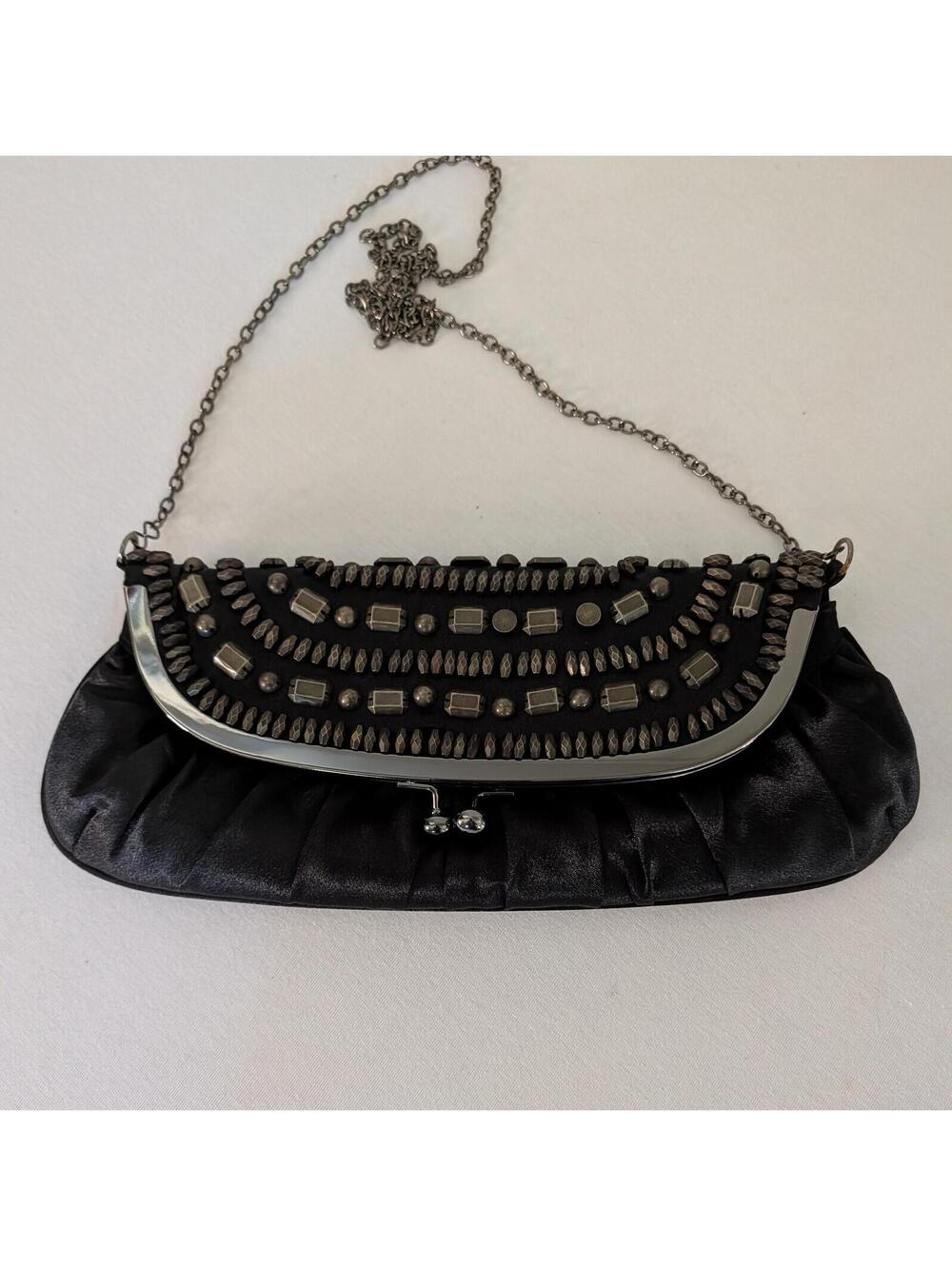 Ingrapel Vintage Style Black Beaded Evening Clutch with Gunmetal Chain
